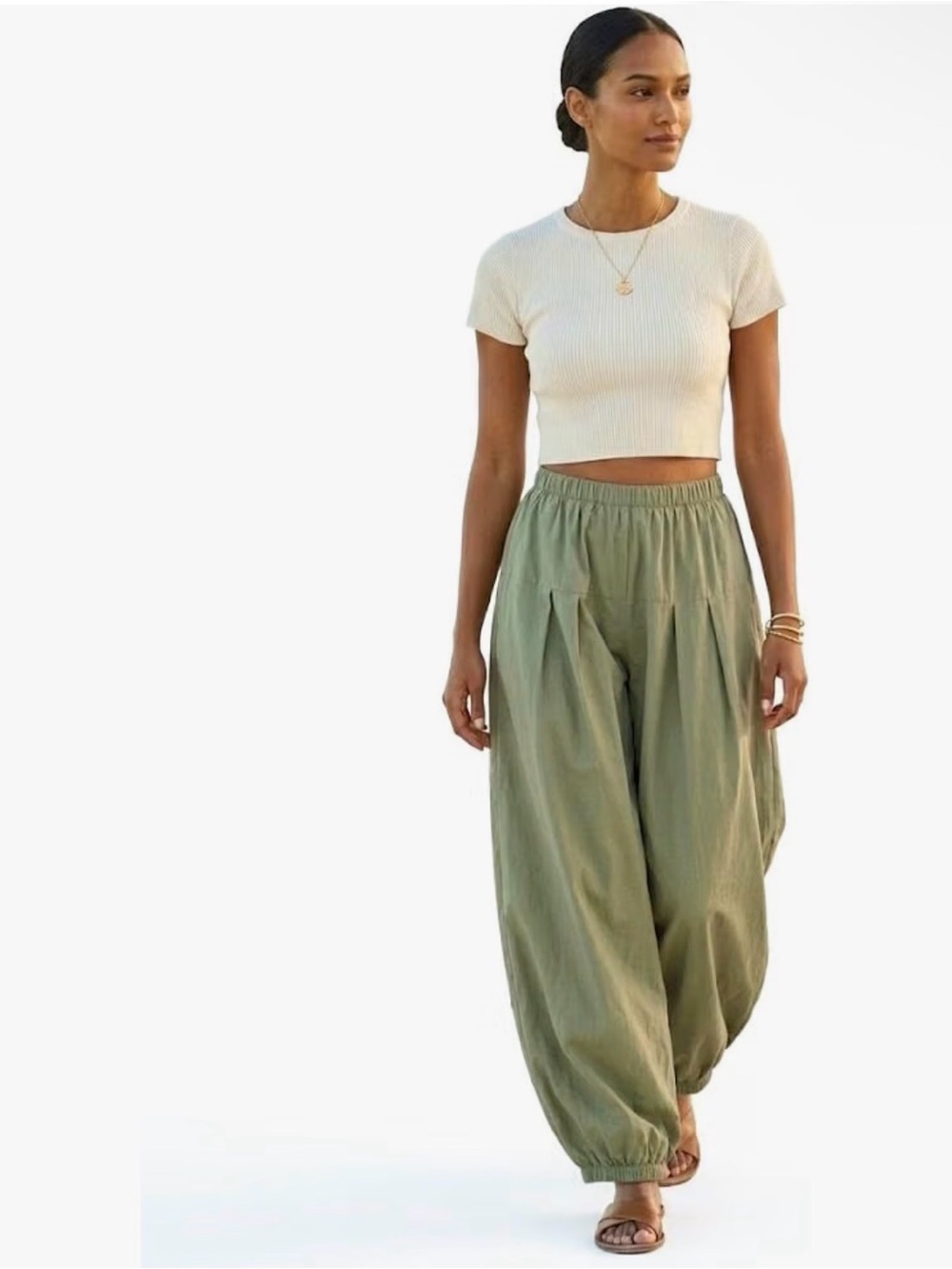 Olive Wide-Leg Elastic Waist Pants - Women